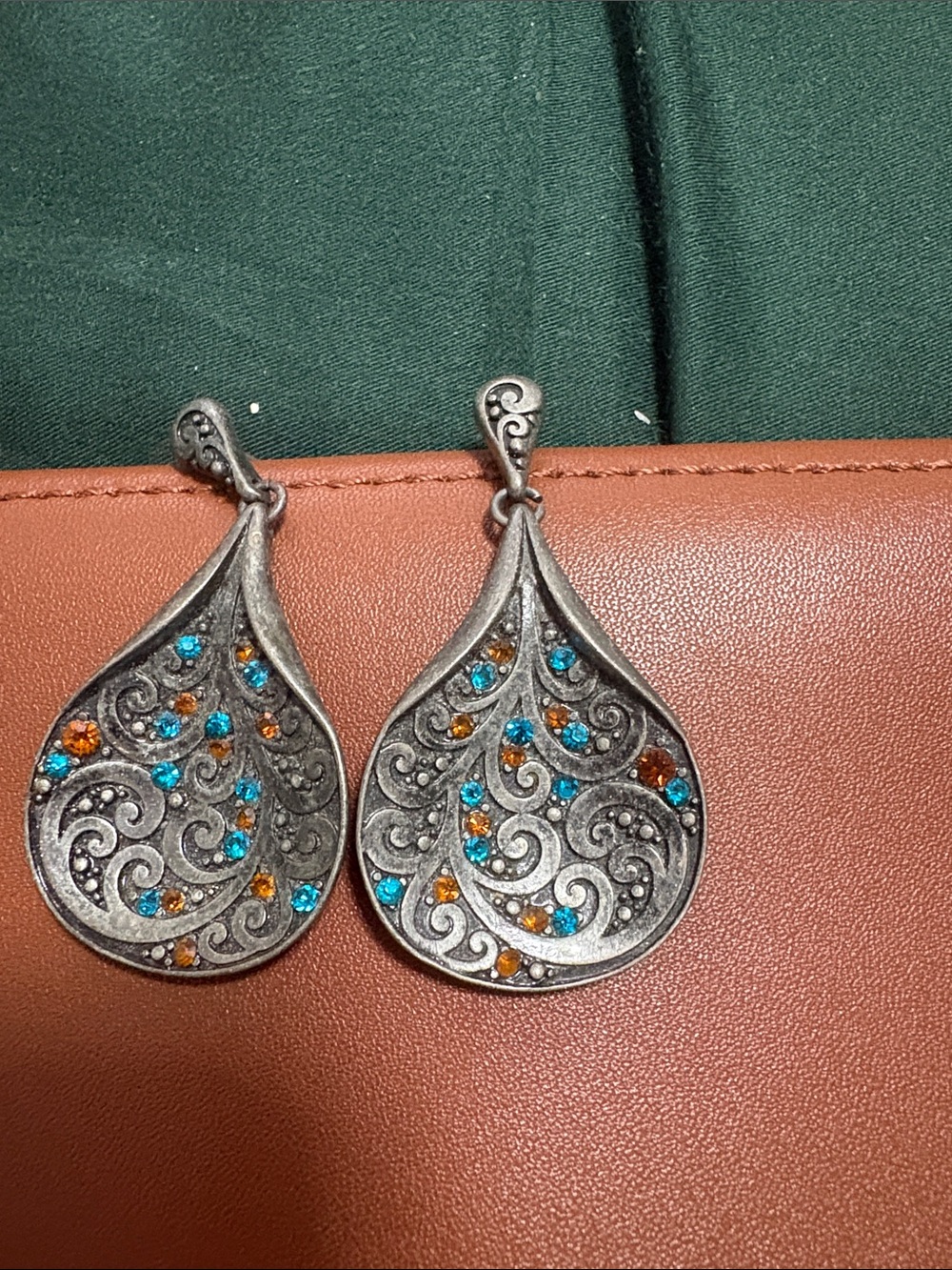 Silver-Tone Teardrop Filigree Earrings with Blue and Amber Stones